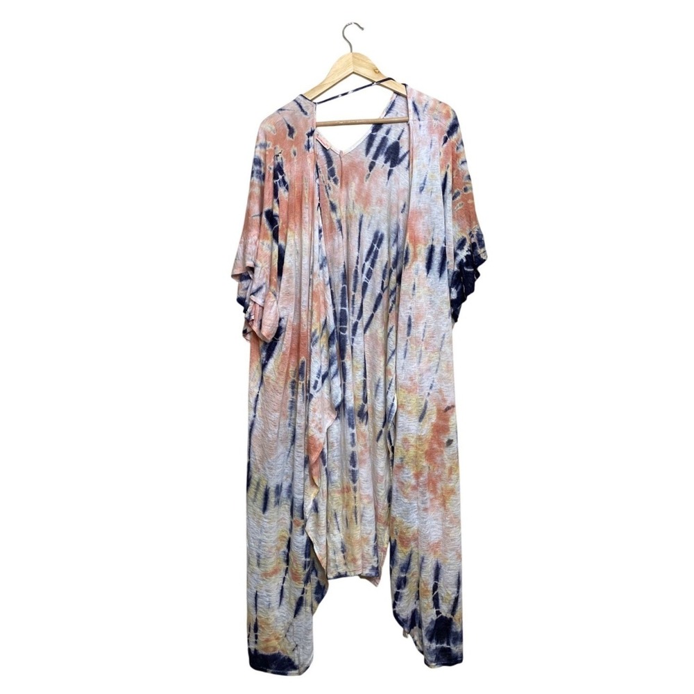 Maronie Tie Dye Kimono‎ Cardigan Orange Navy Blue Boho Open Front Wrap One Size